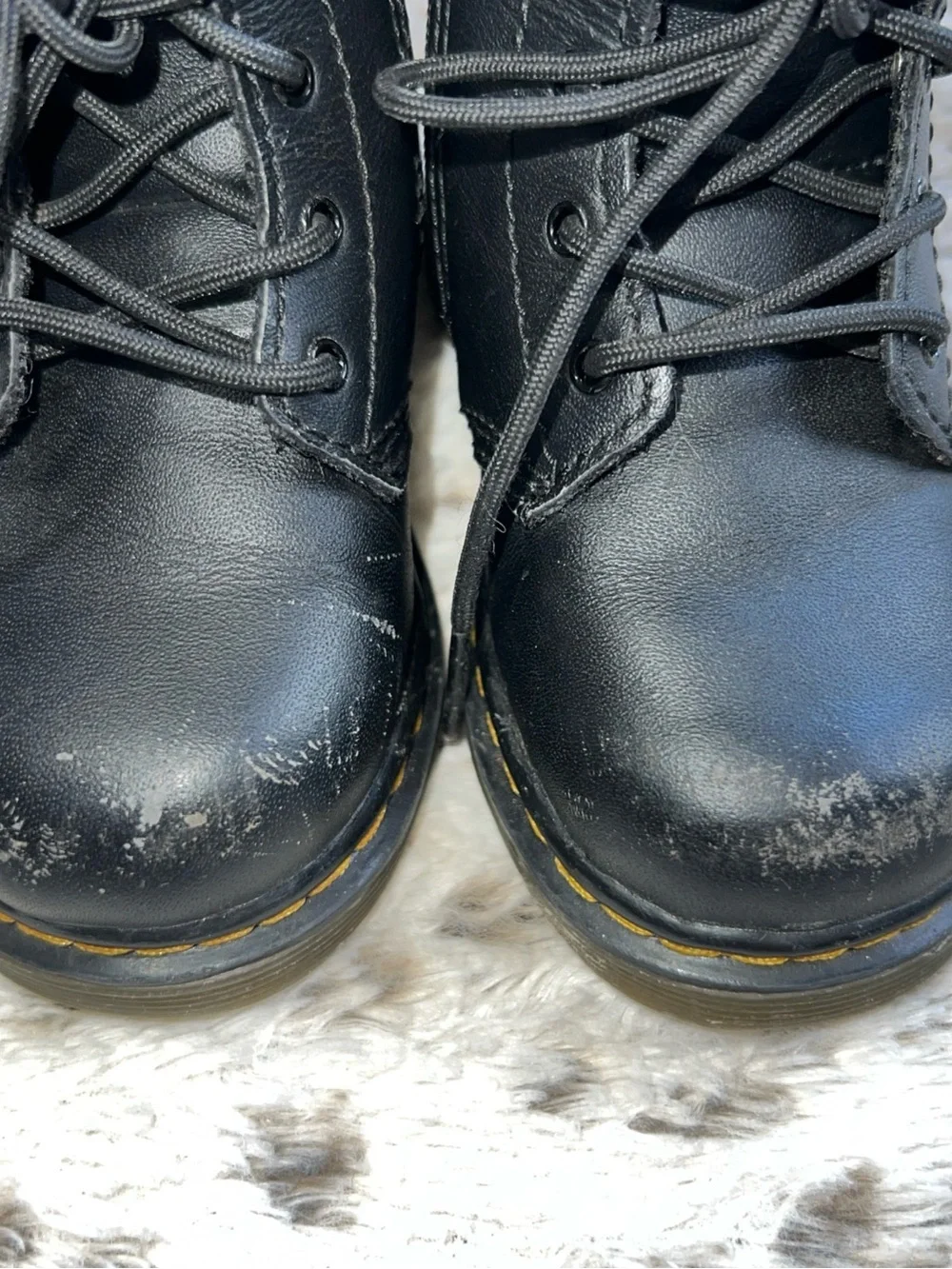 Dr. Martens Kids Black Leather Lace-Up Boots with Yellow Stitching
